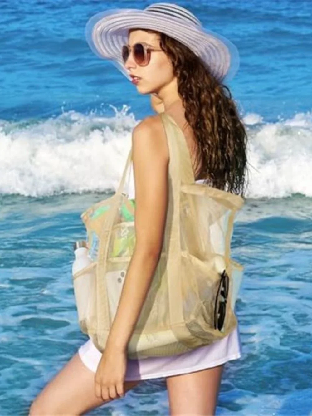 Mesh Beach Bag - Large Beach Tote with Multi Functional Pockets